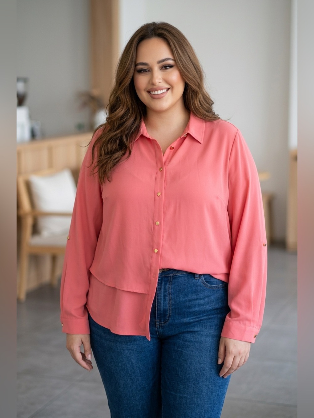 Investments Coral Pink Button-Front Blouse